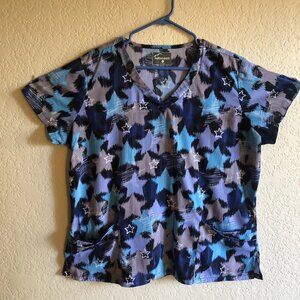 Butter Soft Womens Blue Stars V-Neck Scrub Top Size XL